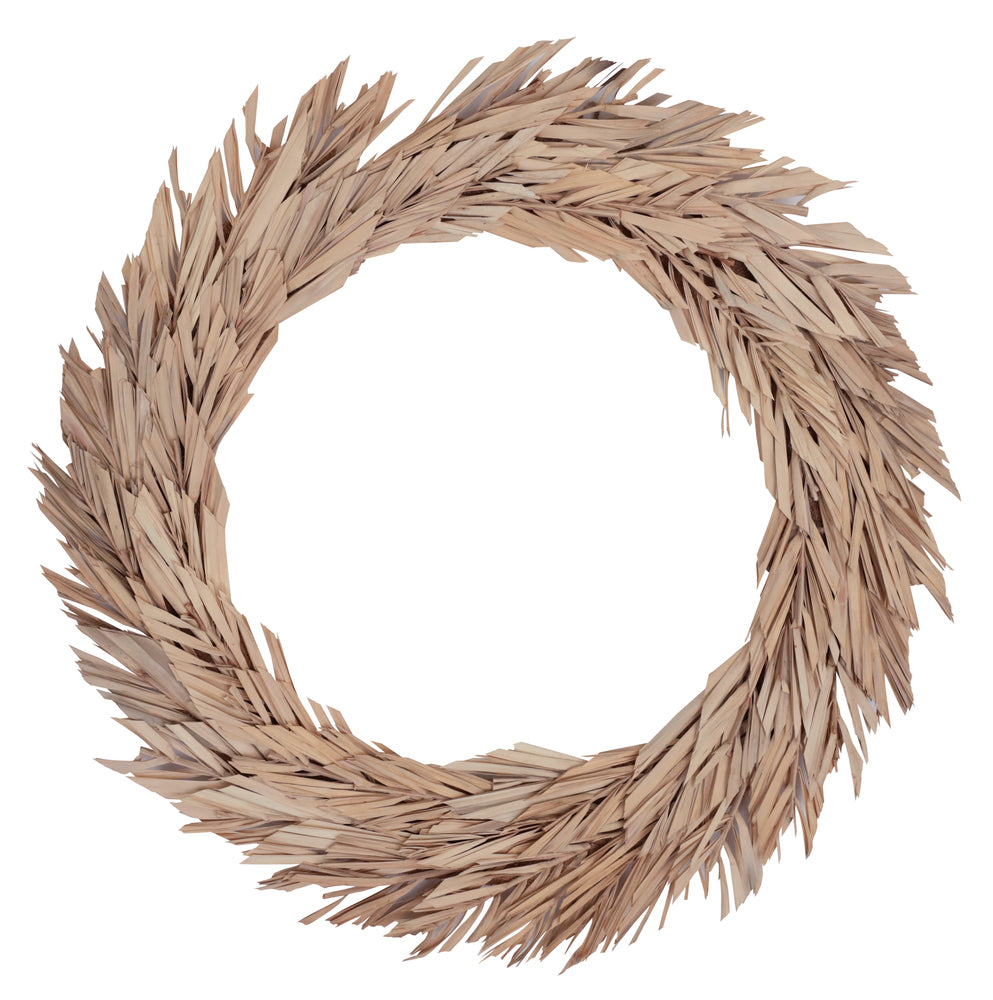 Vickerman Natural Botanicals 24" Bleached Canna Leaf Wreath. This wreath measures 24 inches in diameter. It features bleached canna leaves on a coco fiber base. This is a dried and preserved natural product.