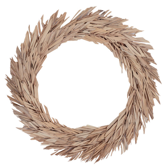 Vickerman Natural Botanicals 24" Bleached Canna Leaf Wreath. This wreath measures 24 inches in diameter. It features bleached canna leaves on a coco fiber base. This is a dried and preserved natural product.