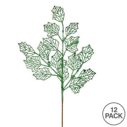 Vickerman 21" Green Glitter Holly Leaf Lace Artificial Christmas Spray. Includes 12 sprays per pack.