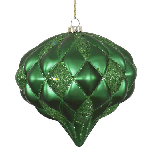 Vickerman 5.7" Green Matte/Glitter Diamond Onion Christmas Ornament