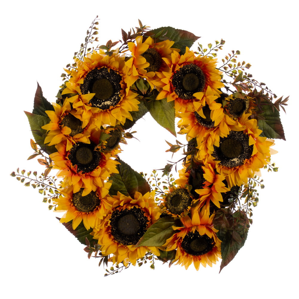 Vickerman 24" Artificial Yellow Sunflower Wreath with Seed Grass Foliage.