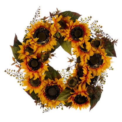 Vickerman 24" Artificial Yellow Sunflower Wreath with Seed Grass Foliage.