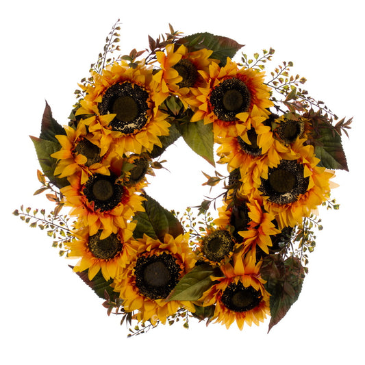 Vickerman 24" Artificial Yellow Sunflower Wreath with Seed Grass Foliage.
