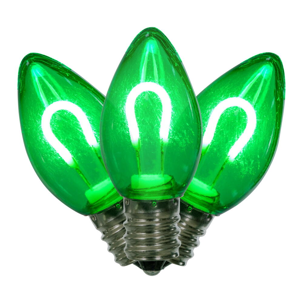 Vickerman C7 Transparent U-Shaped Filament Green Bulb, E12 Base, .6 Watts, 25 Pcs Assorted/Bag.  Colors included are Blue, Red, Green, Purple and Amber.