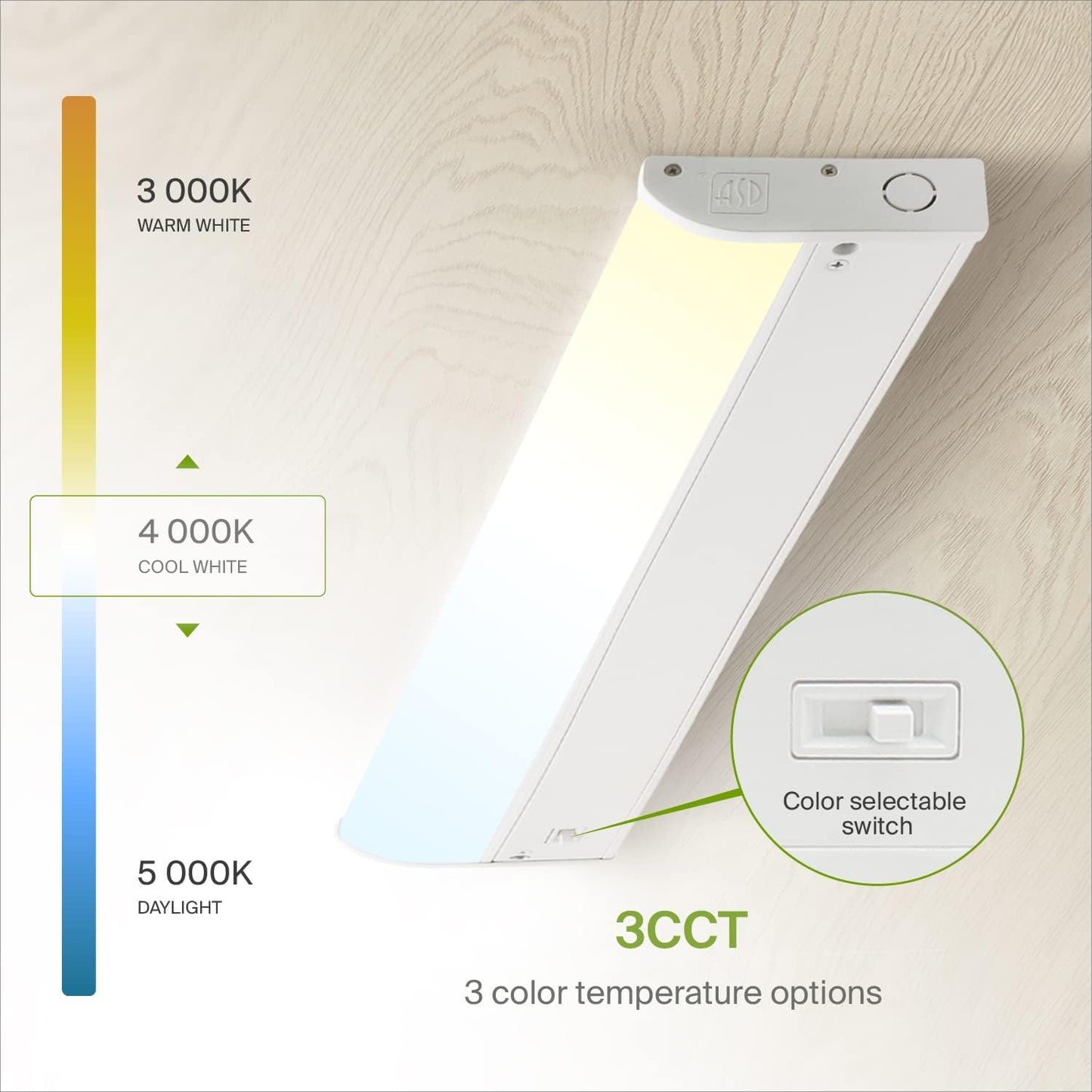 ASD Lighting LED Under Cabinet Bullnose 24" 12W 120V Dimmable CCT Selectable 3000/4000/5000K Hardwired, On/Off Switch, White ETL Energy Star
