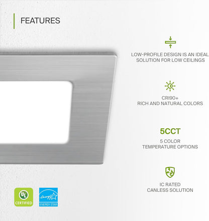 ASD Lighting LED Recessed Mini Panel Square 3inch 6W 120V Triac 2700/3000/3500/4000/5000K Nickel UL Energy Star 6 pack