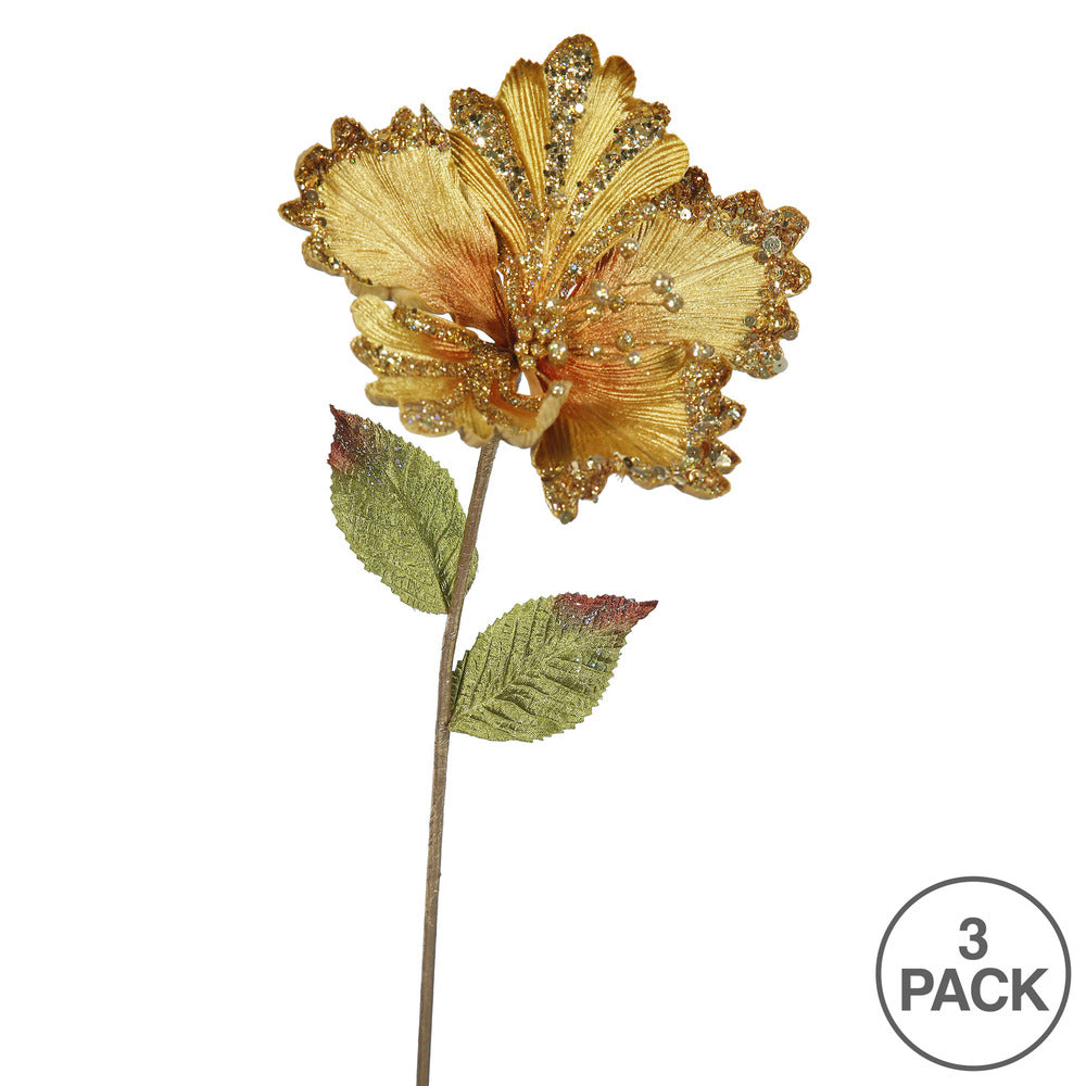 Vickerman 23" Gold Hibiscus Artificial Christmas Pick 3 per Bag