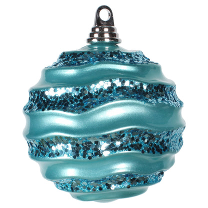 Vickerman 6"Turquoise Stripe Candy Finish Wave Ball Christmas Ornament with Glitter Accents