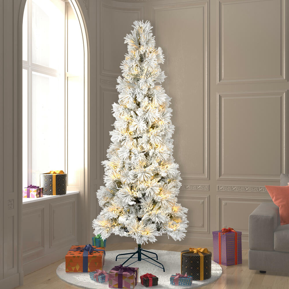 Vickerman 7.5' x 37" Flocked Atka Pencil Artificial Christmas tree Warm White Dura-Lit® LED Lights