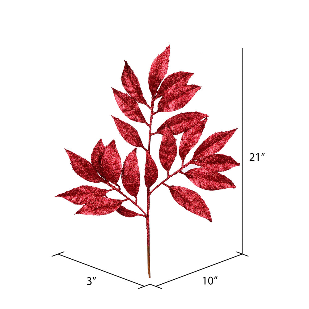 Vickerman 21" Burgundy Glitter Bay Leaf Artificial Christmas Spray. Includes 12 sprays per pack.
