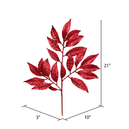 Vickerman 21" Burgundy Glitter Bay Leaf Artificial Christmas Spray. Includes 12 sprays per pack.