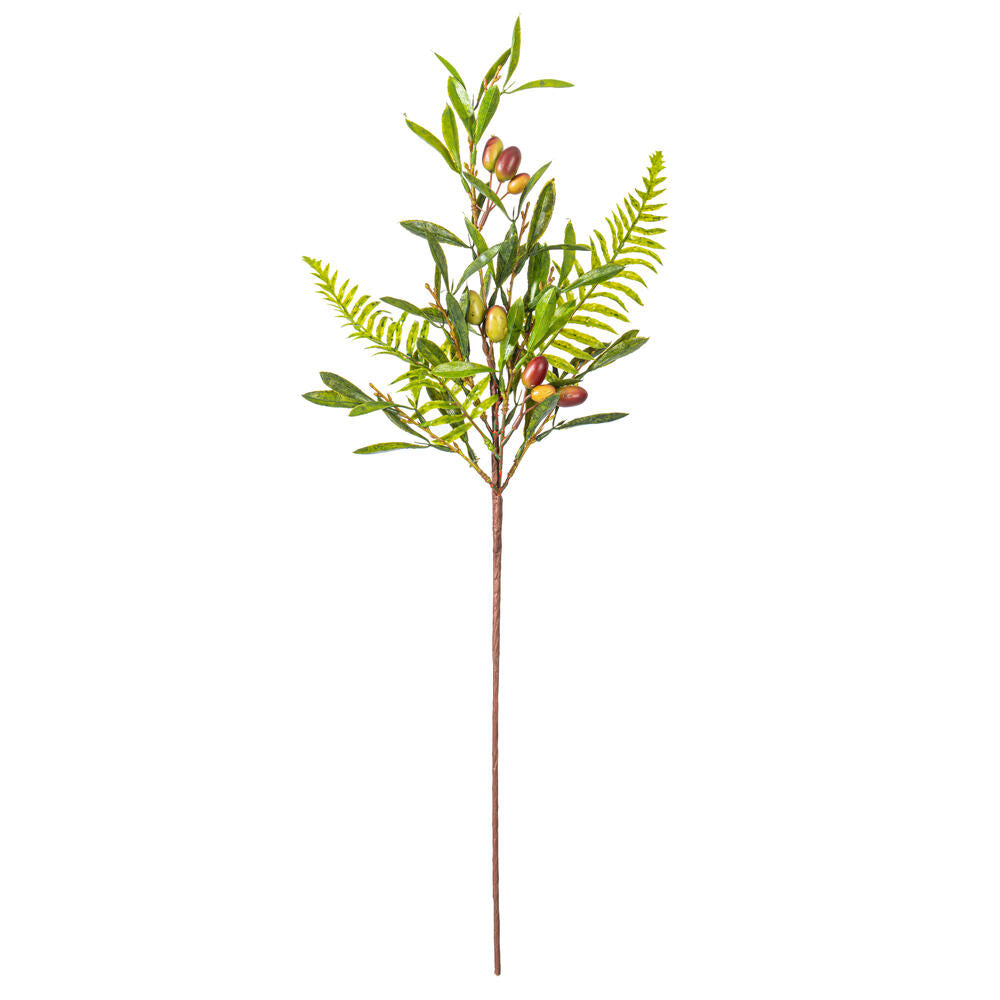 Vickerman 27" Artificial Green Olive Spray 3/Bag. Features green foliage with dark orange olives.