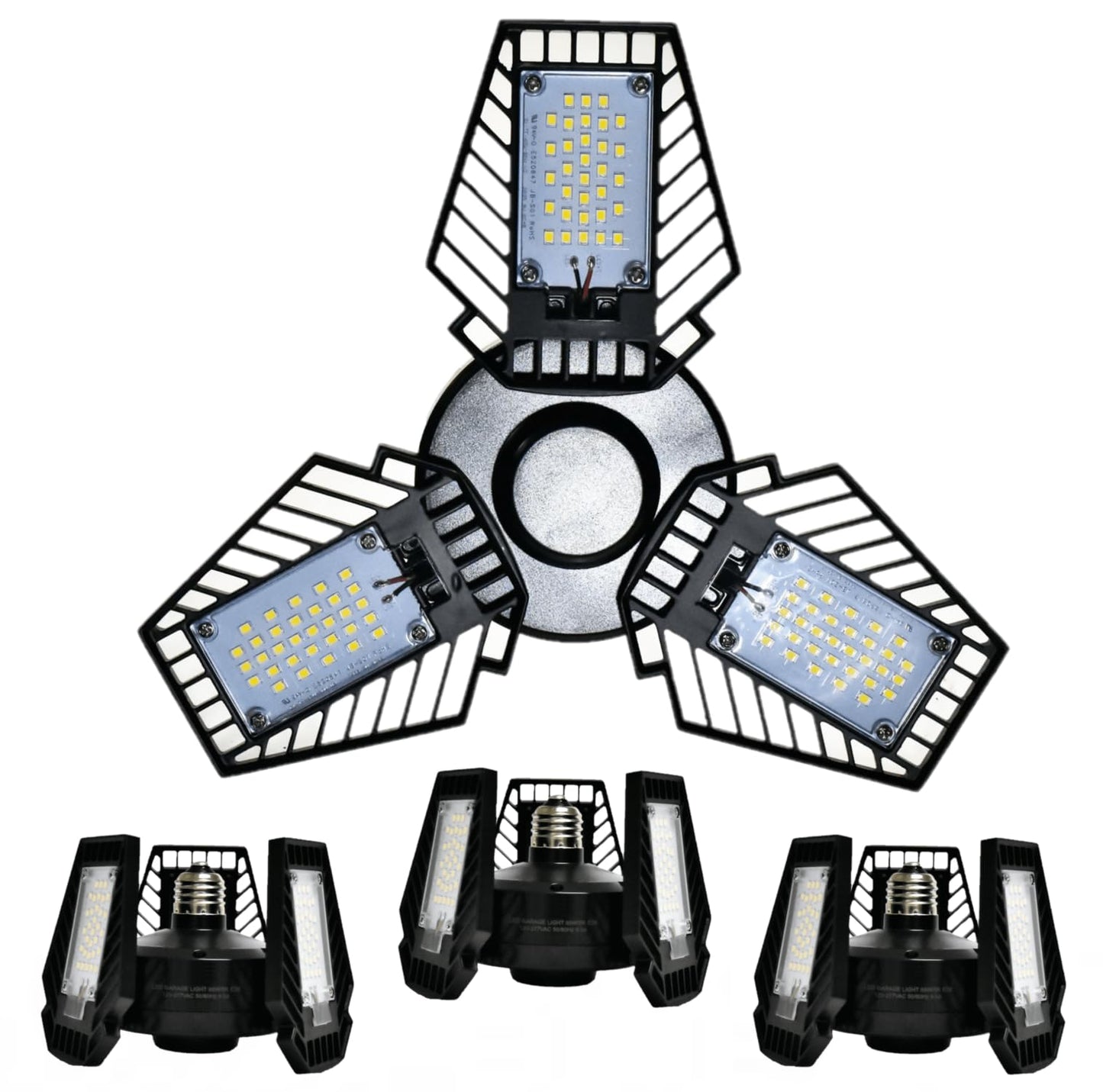 Damar- LED Garage Lights with 3 Deformable Panels Screw in E26 Socket Super Bright 8000 Lumen 65W 6500K Daylight 120-277V UL Listed Pack of 4- Ceiling Lamp for Basement Workshop Warehouse Attic Barn