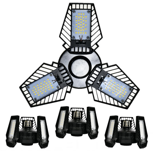Damar- LED Garage Lights with 3 Deformable Panels Screw in E26 Socket Super Bright 8000 Lumen 65W 6500K Daylight 120-277V UL Listed Pack of 4- Ceiling Lamp for Basement Workshop Warehouse Attic Barn