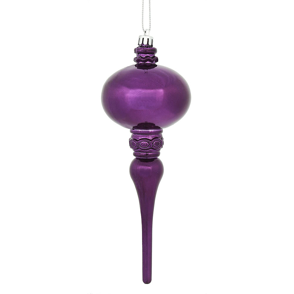 Vickerman 8" x 2.75" Plum Shiny Finial Ornament with drilled and wired caps. Comes 3 per Bag.