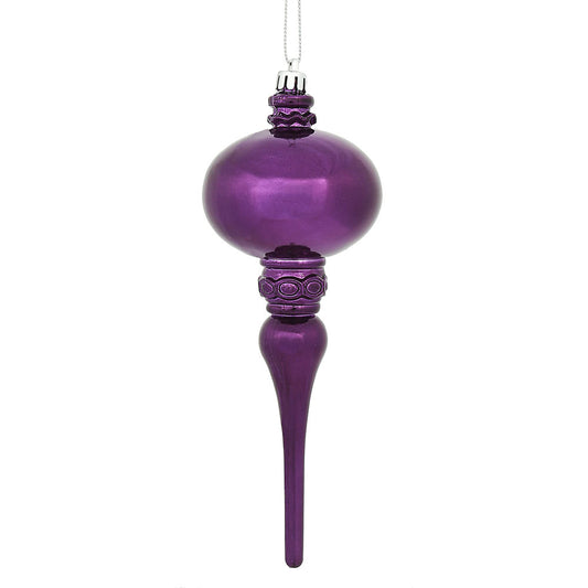 Vickerman 8" x 2.75" Plum Shiny Finial Ornament with drilled and wired caps. Comes 3 per Bag.