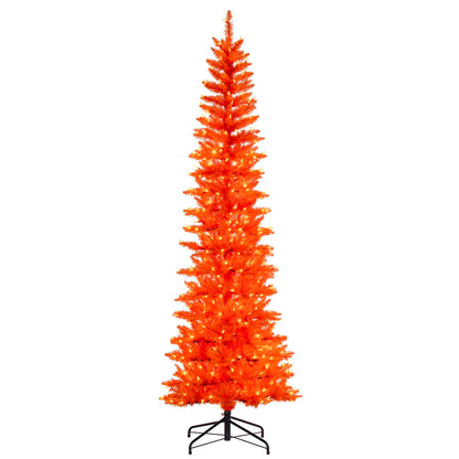 Vickerman 7.5' x 32" Orange Pencil Artificial Pre-Lit Christmas Tree with 450 Dura-Lit® Orange LED Mini Lights. It measures 90 inches tall, and 28 inches wide, which is considered a pencil profile. This tree boasts 965 tips for a realistic look. Pre-lit w