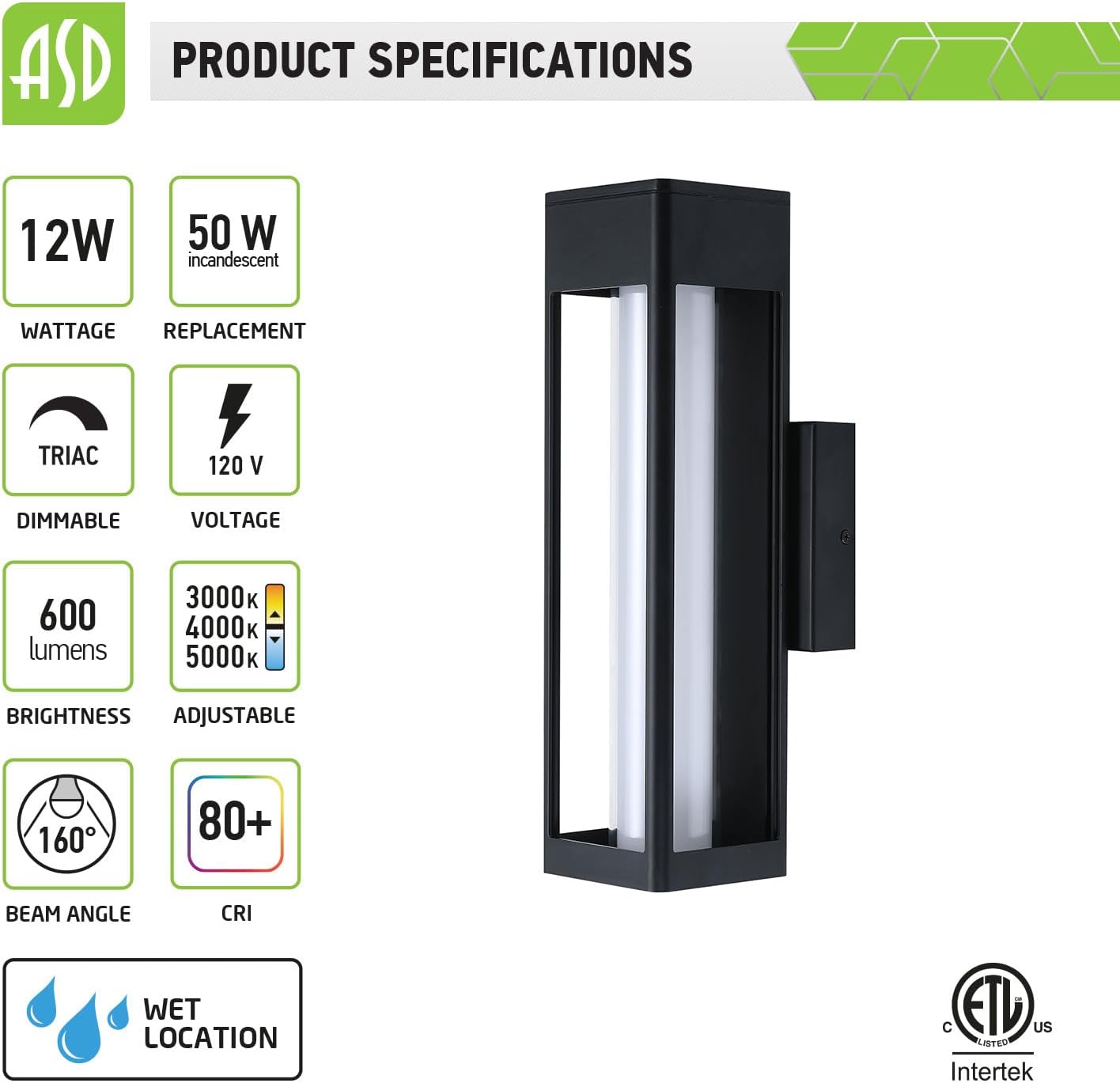 ASD Lighting LED Outdoor Wall Sconce 14" 12W CCT Selectable 3000/4000/5000K Dimmable White Acrylic Glass, Black ETL