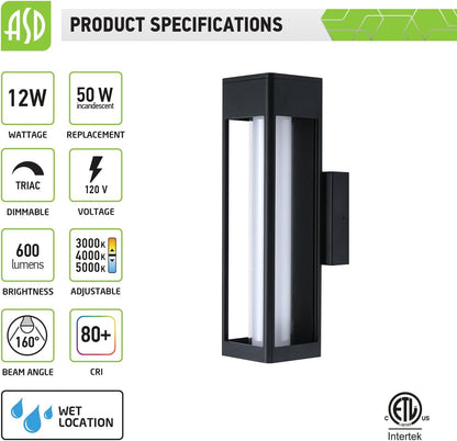 ASD Lighting LED Outdoor Wall Sconce 14" 12W CCT Selectable 3000/4000/5000K Dimmable White Acrylic Glass, Black ETL
