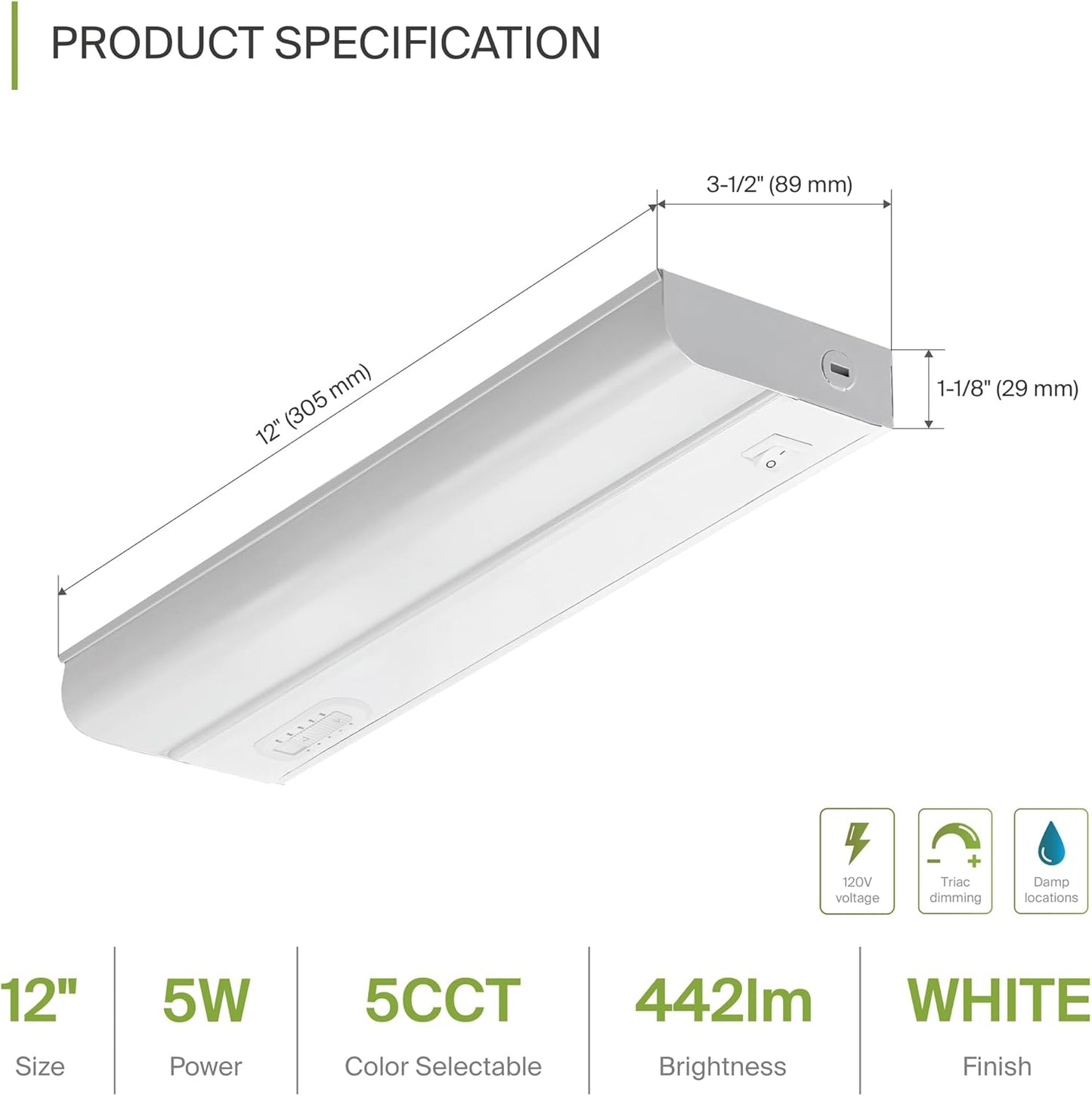 ASD Lighting LED Under Cabinet Bullnose 12" 5W 120V Dimmable CCT Selectable 2700/3000/3500/4000/5000K Hardwired, On/Off Switch, White UL 2pack