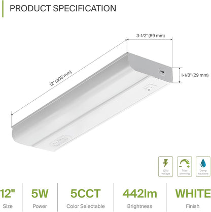 ASD Lighting LED Under Cabinet Bullnose 12" 5W 120V Dimmable CCT Selectable 2700/3000/3500/4000/5000K Hardwired, On/Off Switch, White UL 2pack