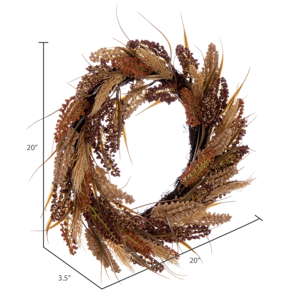 Vickerman Artificial 20" Brown Ivory Corn Wreath. Features brown grass and a circular grapevine base.