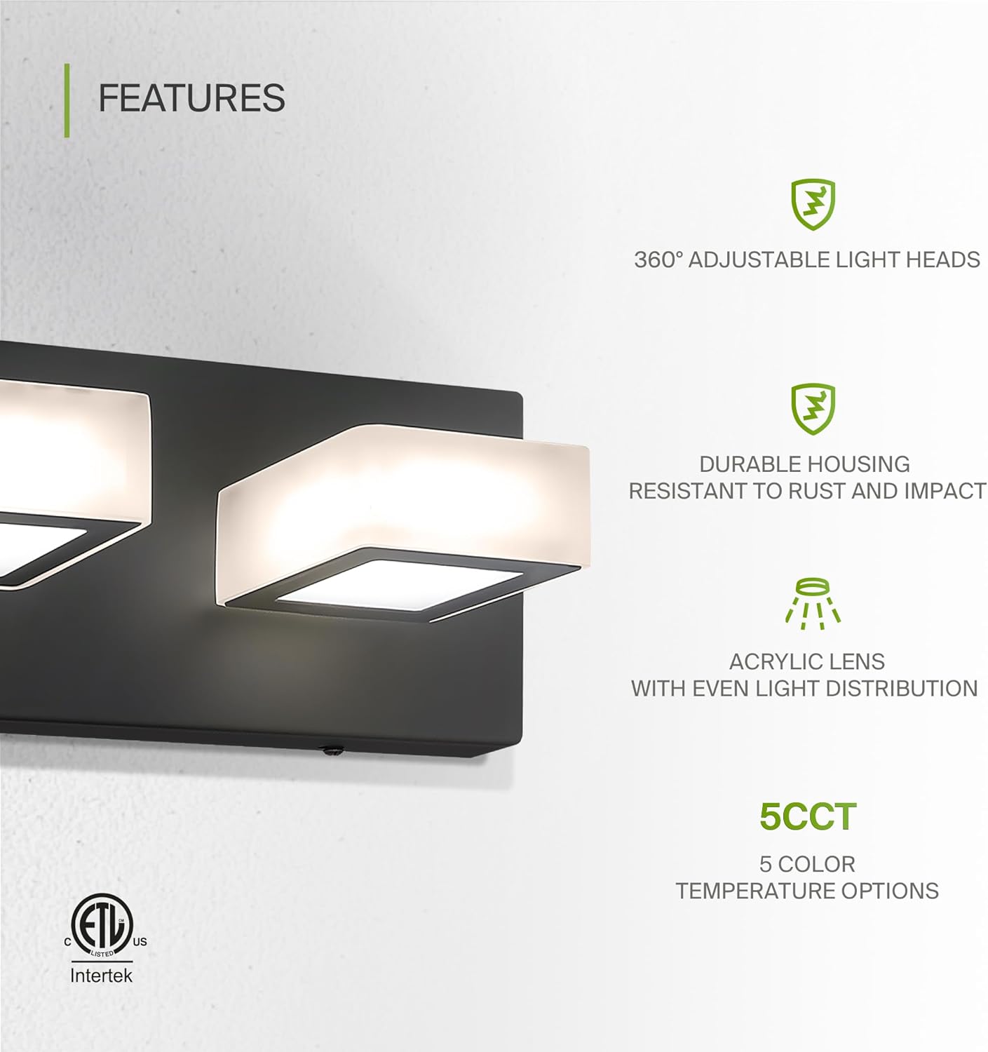 ASD Lighting LED Vanity 3-light 15W 120V with rotatable heads CCT Selectable 2700/3000/4000/5000/6000K Dimmable Black ETL