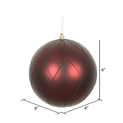 Vickerman 4" Burgundy Matte and Glitter Swirl Ball Ornament 4 per Box