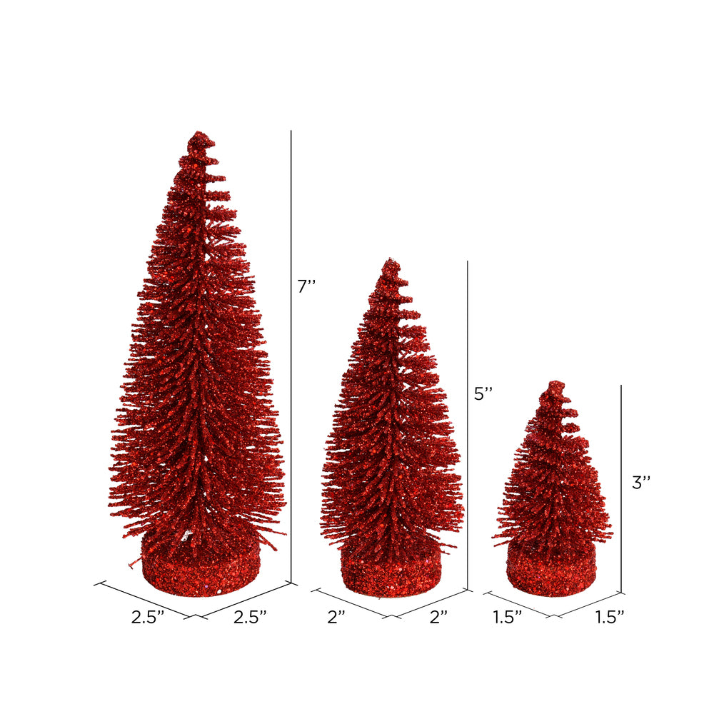 Vickerman 3"-5"-7" Red Glitter Oval Pine Artificial Christmas Tree Set of 3