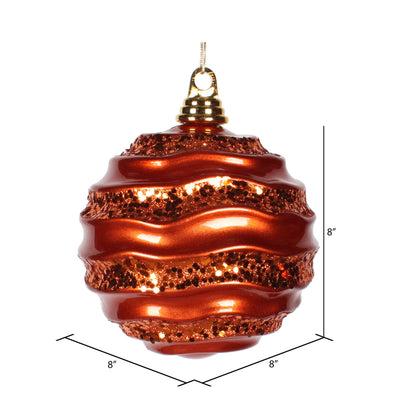 Vickerman 8' Orange Stripe Candy Finish Wave Ball Christmas Ornament with Glitter Accents