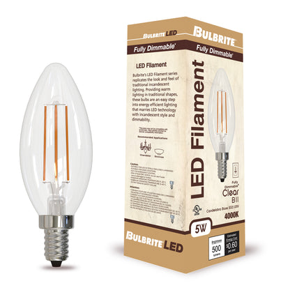 Bulbrite 776931 5W LED B11 4000K FILAMENT E12 CLEAR FULLY COMPATIBLE DIMMING