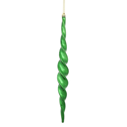 Vickerman 14.6" Emerald Shiny Spiral Icicle Ornament with drilled and wired caps. Comes 2 per Box.