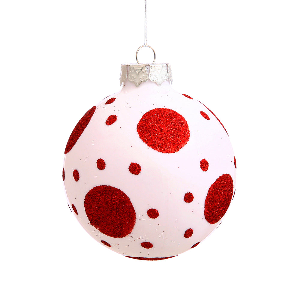 Vickerman 3" White Matte Ball Ornament with Red Glitter Polka Dots 4 per Box