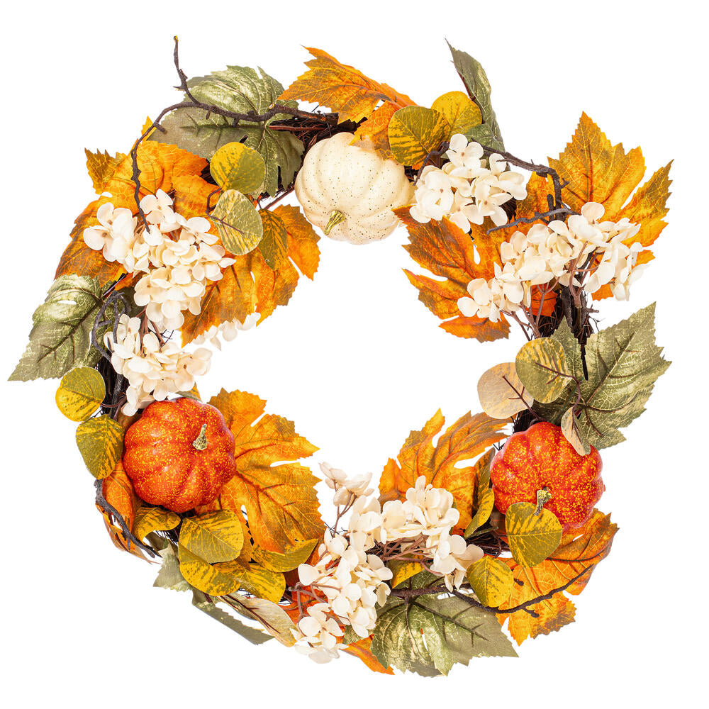 Vickerman Artificial 22" Orange Fall Pumpkin Hydrangea Wreath Circular grapevine base.