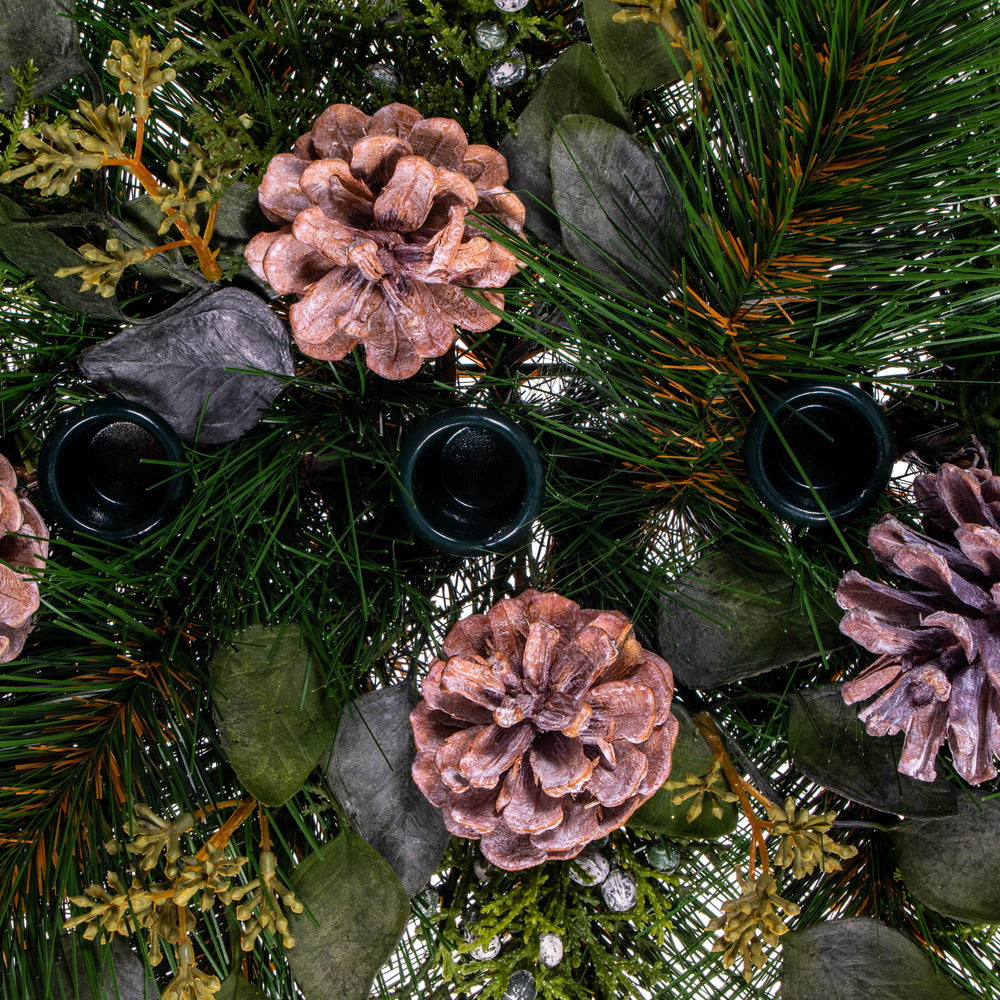 Vickerman 30" Artificial Long Leaf Pine with Seeded Cedar Eucalyptus Foliage and Pinecones 3 Candle Holder