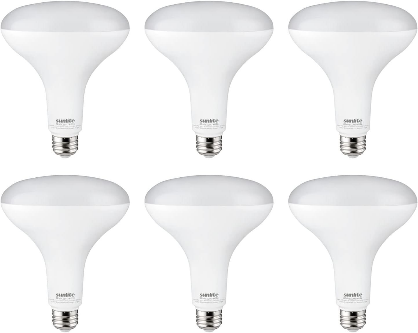 Sunlite 81487 LED BR40 Reflector Light Bulb, 13 Watts (85 Watt Equivalent), 120V, 1150 Lumens, Medium E26 Base, 90 CRI, Dimmable, Energy Star, Title-20 Compliant, ETL Listed, 6 Pack, 2700K Soft White