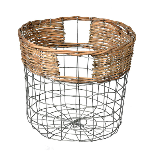 Vickerman 10.5" Round Wire Basket with Woven Bamboo. This basket features a wire structure with the top section wrapped in bamboo. The chunky spacing between wires allows you to see what is inside. This basket is perfect for storing items such as rolled t