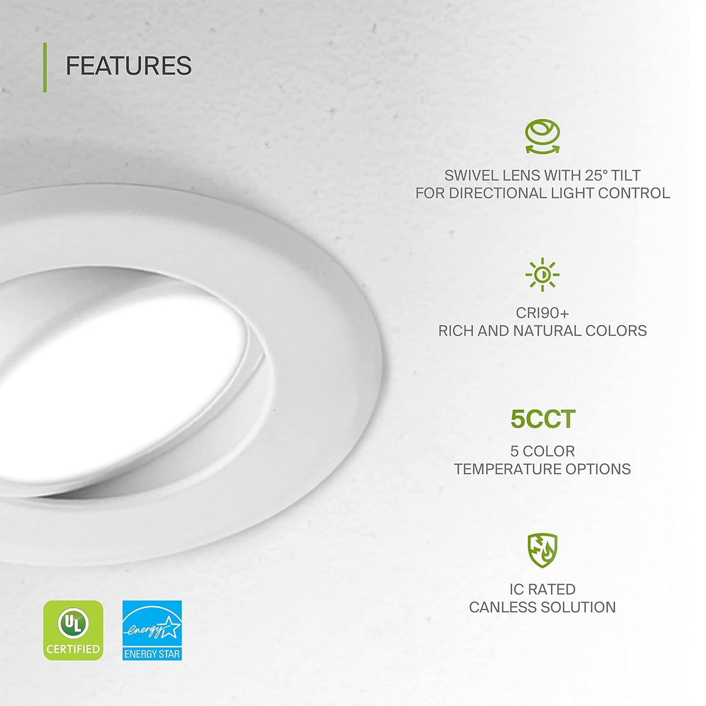 ASD Lighting LED Round Recessed Mini Panel Gimbal 6" 15W 120V Dimmable CCT Selectable 2700/3000/3500/4000/5000K White UL Energy Star 6pack