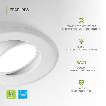 ASD Lighting LED Round Recessed Mini Panel Gimbal 6" 15W 120V Dimmable CCT Selectable 2700/3000/3500/4000/5000K White UL Energy Star 6pack