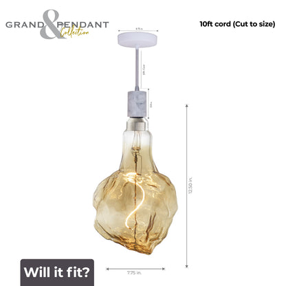 Bulbrite LED Grand Bulb and Pendant Kit of (1) 4 Watt Antique Glass 13" Glacier Shaped Bulb and (1) White Marble Open Socket Pendant on White Fabric Braided Cord - 2000K (Amber Light)