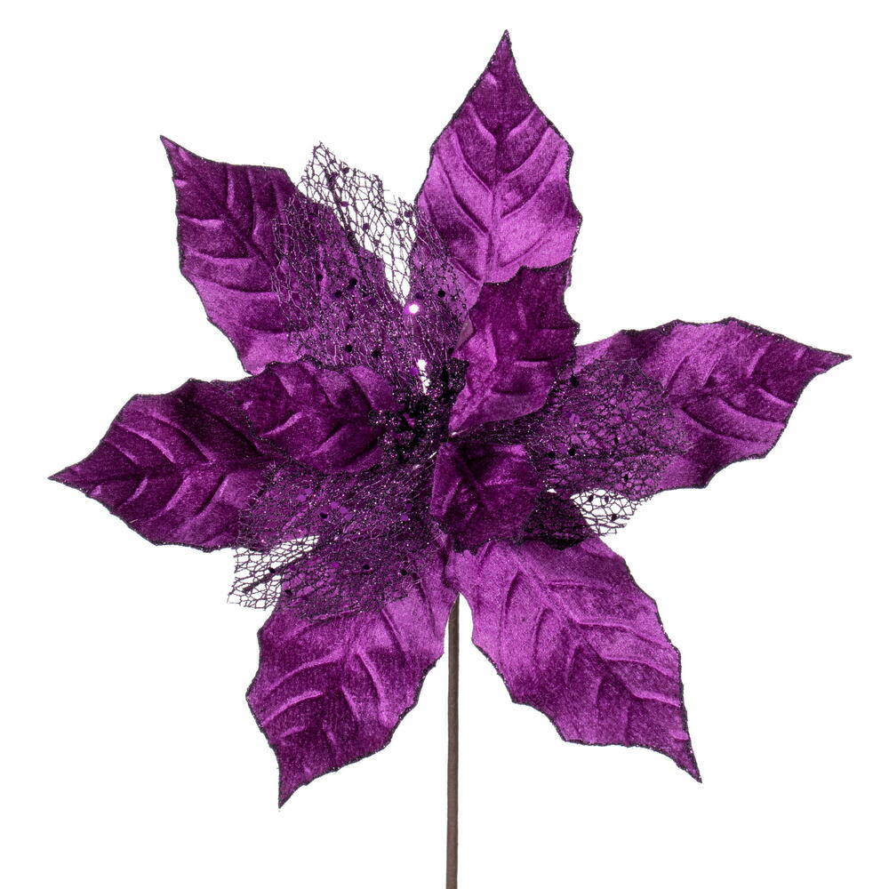 Vickerman 11" Plum Velvet and Glitter Mesh Poinsettia Flower on Stem 6 per bag.