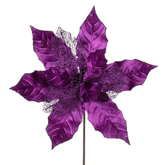 Vickerman 11" Plum Velvet and Glitter Mesh Poinsettia Flower on Stem 6 per bag.