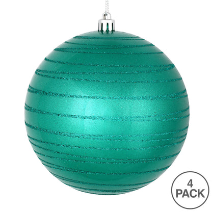 Vickerman 4" Teal Candy Finish Ball Ornament with Glitter Lines 4 per Bag