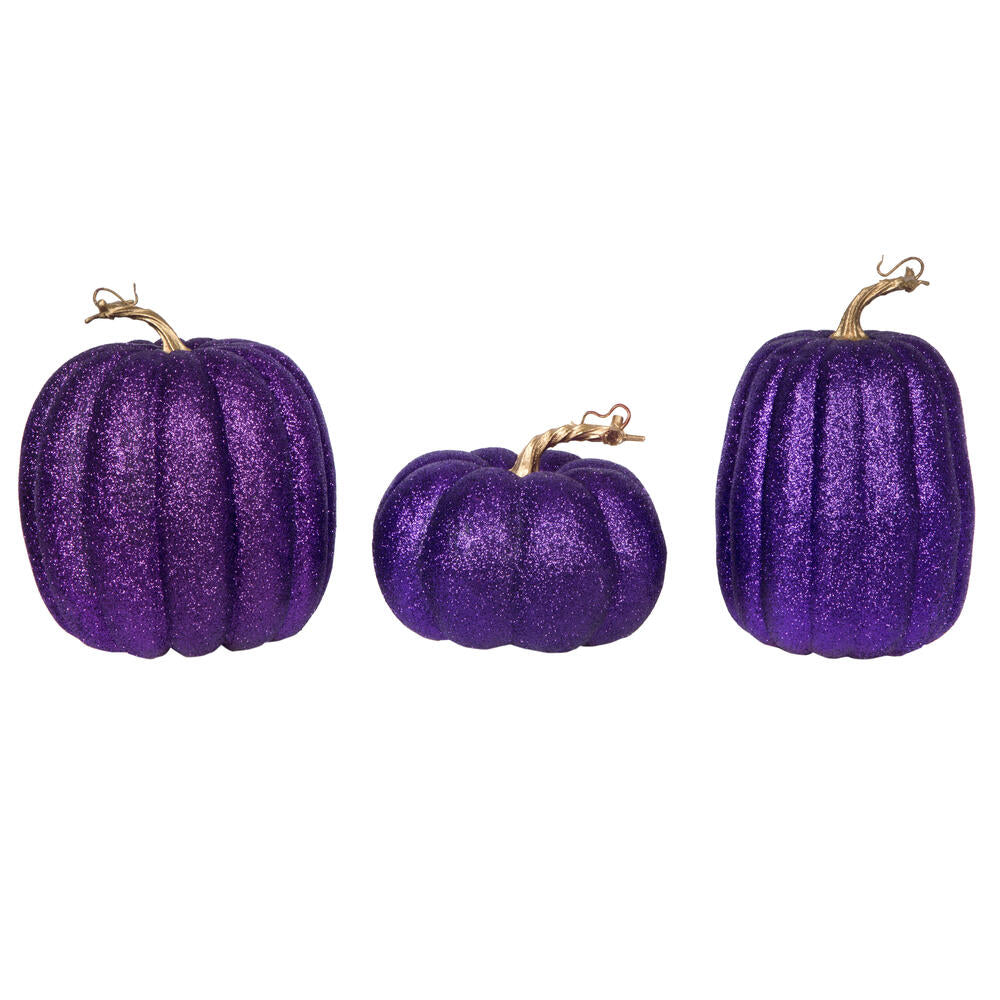 Vickerman 8" Purple Pumpkins Set of 3. Three pieces assorted Fabric pumpkin with polystyrene inner.