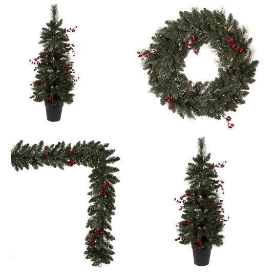 Vickerman Artificial 4 Piece Decorated Front Door Set with 200 Battery Operated Warm White 3MM LED lights. Includes two 3.5' Potted Trees one 30" Wreath and one 9' Garland.  This incredible set features battery operated Warm White LED lights pine cone and