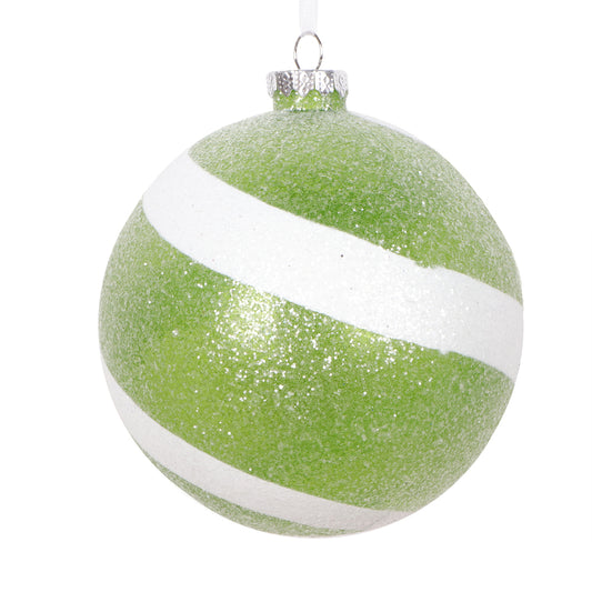 Vickerman 4.75" Green and White Swirl Sugar Glitter Ball Ornament 3 per bag.