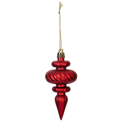 Vickerman 4" Red 4-Finish Finial Ornament 8 per Box. Made of shatterproof plastic.