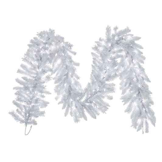 Vickerman 9' x 14" Flocked White Garland  Pure White Single Mold LED Lights.