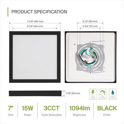 ASD Lighting LED Surface Mini Panel Square 7inch 15W 120V Triac 3000/4000/5000K Black ETL 6 pack