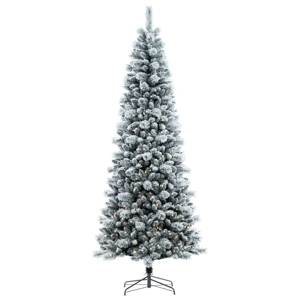 Vickerman 7.5' x 36" Flocked White Pine Artificial Slim Pre-lit Christmas Tree with 550 Dura-Lit® Warm White LED Mini Lights. It measures 90 inches tall and 36 inches wide, which is considered a slim profile. This tree boasts 938 tips for a realistic look